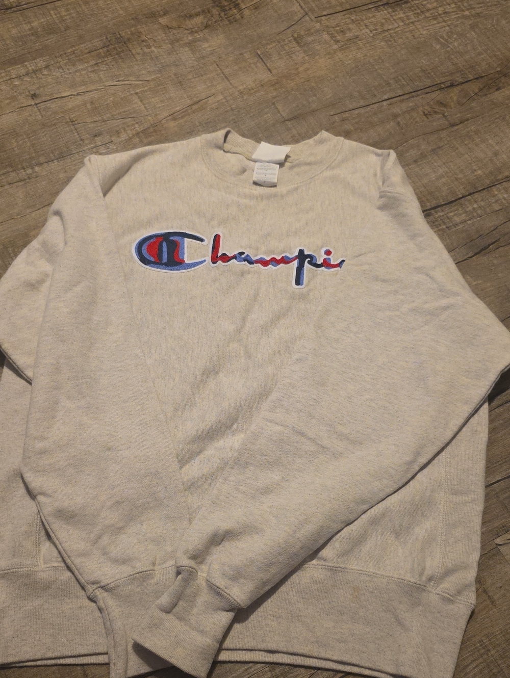 Champion Cream Crewneck with Blue & Red Embroidered Logo